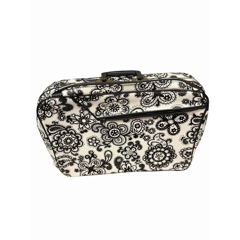 Vintage A.D. Sutton & Sons Flower Power Suitcase Black White 1960s 1970s Mod